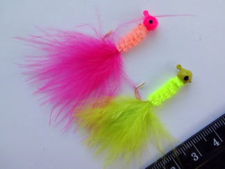2 stk. jig hoveder med gule og pink fjer. ( -DK)