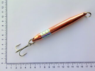 125 gram stål pirk, kobber plated med sølv prism tape.